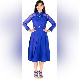 MissMay Dress Womens 2XL Lace Retro Collared Fit Flare 3/4 Sleeve Midi Belted